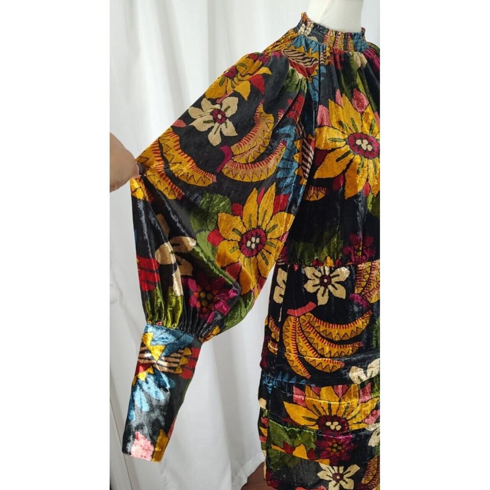 FARM Rio Macaw Ballet Velvet Mini Dress S Long Sleeve Party Floral High Neck - Picture 9 of 15